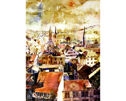 Downtown Zurich, Switzerland- fine art watercolor painting of Zurich, Switzerland. Watercolor giclee painting, Zurich (print)