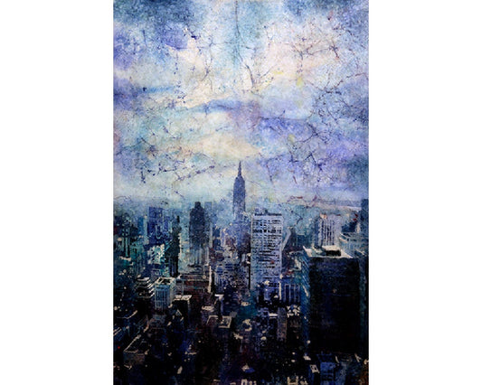 Watercolor batik painting of Empire State building rising above buildings of New York City