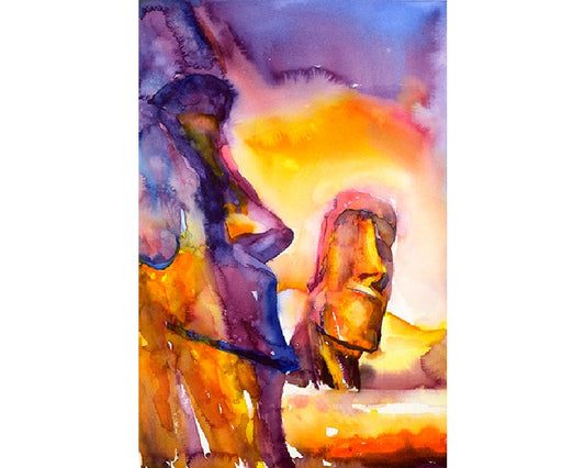 Peaceful and historic sunrise watercolor at Ahu Tongariki, Chile with ruined Moai statues—perfect for travel-inspired wall art and collectors of world heritage.