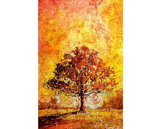Tree silhouetted in North Carolina at fiery sunset. Watercolor painting landscape tree fine art batik painting tree outside yellow art (print)