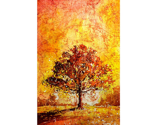 Silueta de árbol en Carolina del Norte al atardecer ardiente. Acuarela pintura paisaje árbol bellas artes batik pintura árbol fuera del arte amarillo (impresión)