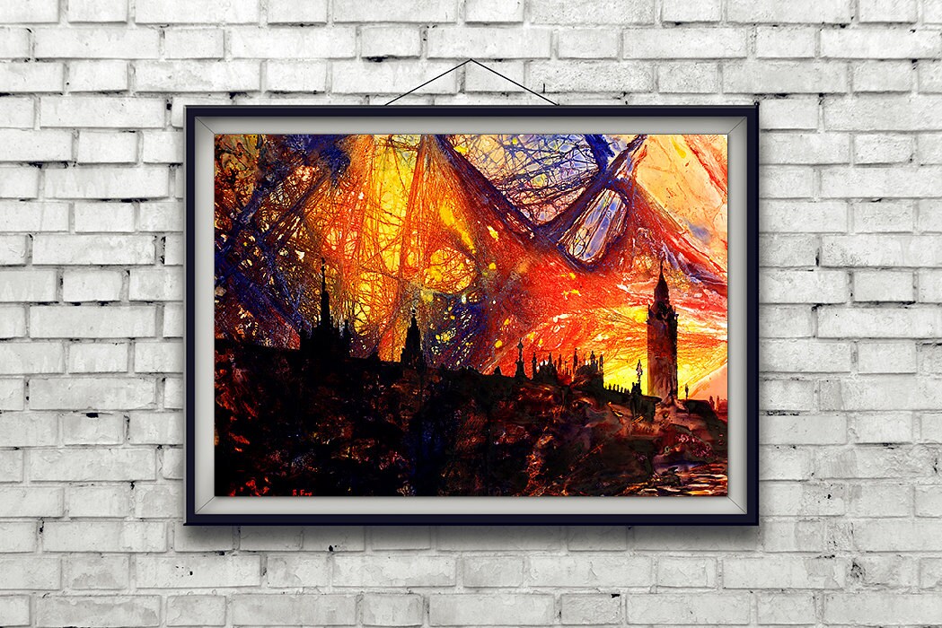 Colorful wall art London England skyline watercolor painting