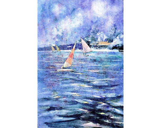 Watercolor painting of boats sailing on blue waters of Torch Lake in Michigan.  Nautical art, sailing painting, watercolor boats (print)