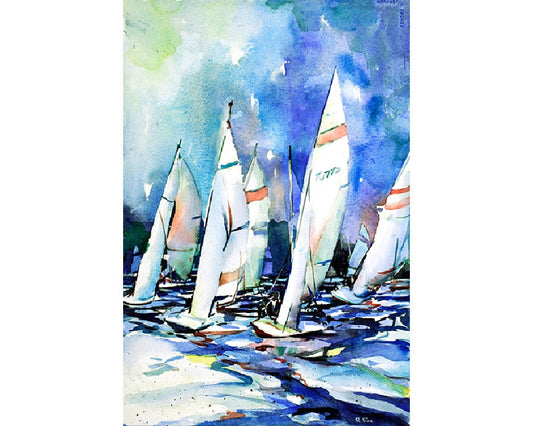 Watercolor painting of scow racing in regatta- Torch Lake in Michigan. Boat painting, art home decor, watercolor nautical painting blue art (print)