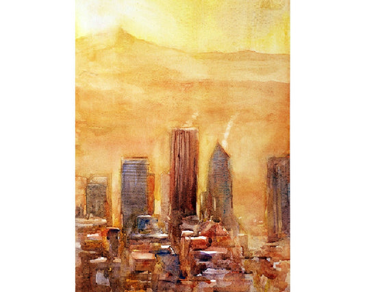 Horizonte del centro de Portland, Oregón, con el monte Hood al fondo. Portland pintura acuarela impresión paisaje pintura Portland bellas artes (impresión)