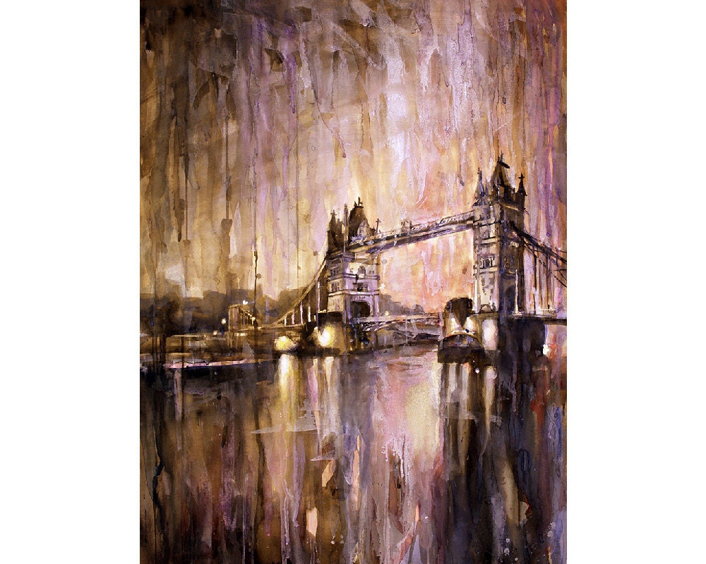 Tower Bridge sobre el río Támesis al atardecer en la ciudad de Londres-Reino Unido, arte Londres acuarela pintura pared impresión, Tower Bridge pared arte impresión