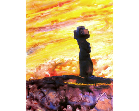 Red-toned Moai watercolor landscape painting, capturing the mystery and heritage of Easter Island’s ancient statues—ideal for dramatic wall art displays.