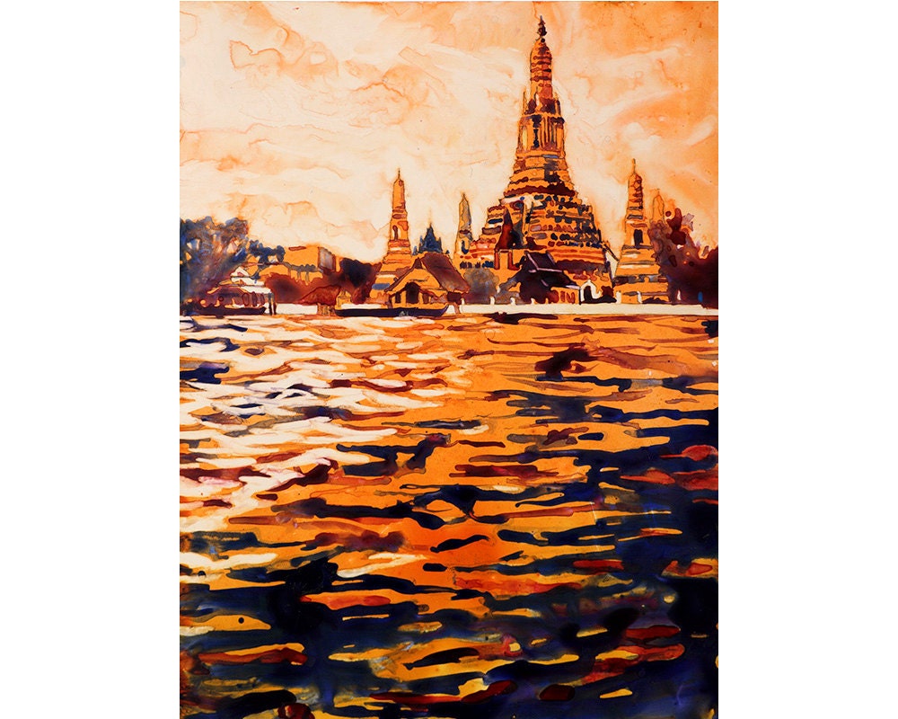 Watercolor painting on YUPO synthetic of prang of Wat Arun along the Chao Praya river in the Thai city of Bangkok- Thailand