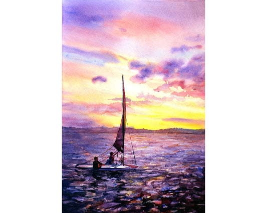 Sunset painting boats on lake colorful wall art
