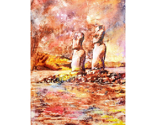 Fine art watercolor landscape painting of Moai ruins on Easter Island by Raleigh, NC artist Ryan Fox—perfect Chile-inspired wall art for home decor lovers.
