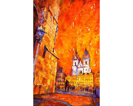 Prague church at sunset in Czech Republic- watercolor painting Prague, fine art watercolor giclee, Prague landscape painting, home decor art (print)