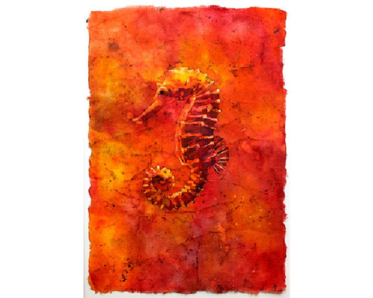 Seahorse swimming in ocean- fine art watercolor batik painting. Seahorse watercolor batik ocean animal fish painting fine art painting ocean