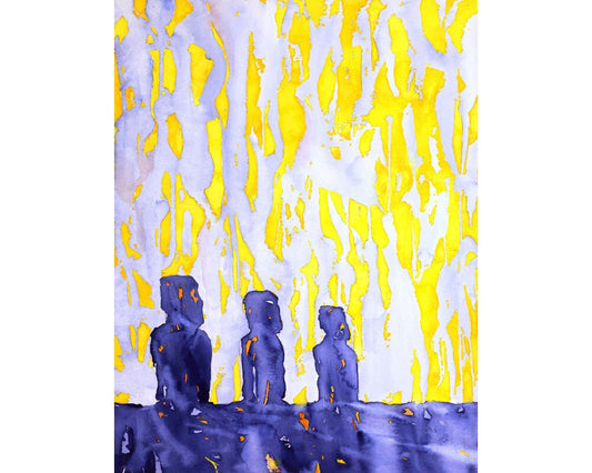 Original watercolor painting of Easter Island Moai ruins in expressive batik-inspired technique—great as fine art wall decor for artful homes.