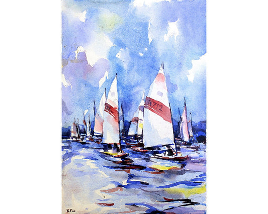 Painting of boats sailing at regatta- Torch Lake, USA. Boat painting nautical art ocean painting art watercolor landscape blue decor (print)