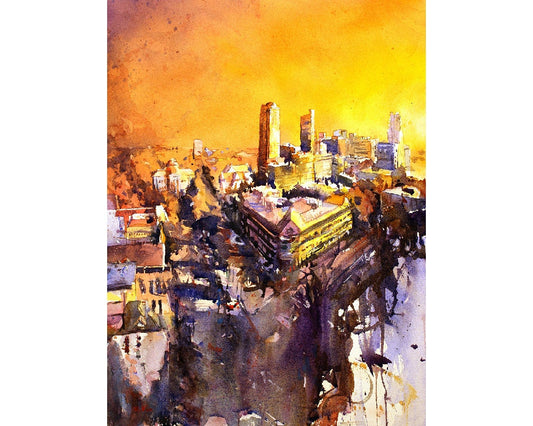 Raleigh skyline at sunset-  North Carolina. Watercolor painting of skyscrapers & building of downtown art home decor NC Raleigh (print)