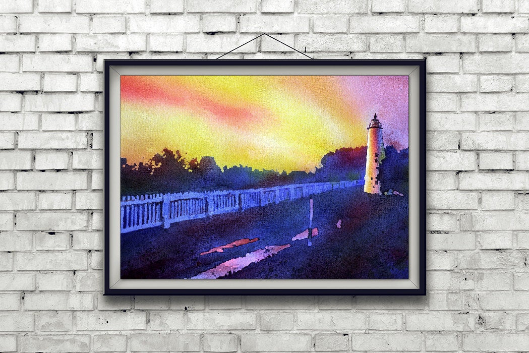 Ocracoke Island lighthouse in Outer Banks of North Carolina- USA.  Original watercolor.  Print watercolor lighthouse.  Landscape painting (print)