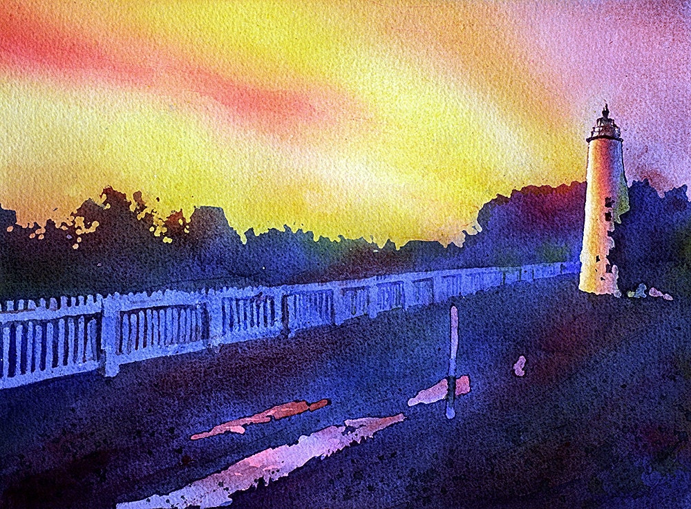 Ocracoke Island lighthouse in Outer Banks of North Carolina- USA.  Original watercolor.  Print watercolor lighthouse.  Landscape painting (print)