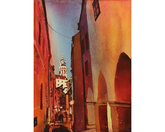 Castillo que se eleva sobre la ciudad- Cesky Krumlov, República Checa. Pintura de acuarela de bellas artes. Impresión de acuarela. Cesky Krumlow (impresión)