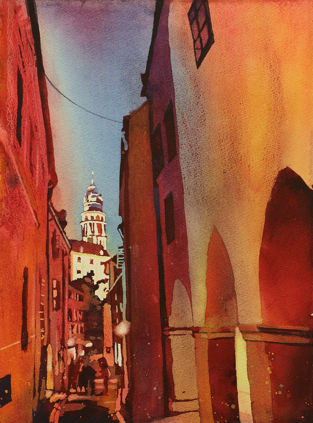 Castle rising above city- Cesky Krumlov, Czech Republic.  Fine art watercolor painting.  Watercolor print.  Cesky Krumlow (print)