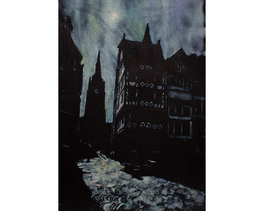 Frankfurt, Alemania iglesia acuarela pintura iluminada por la luna. Bellas artes Alemania arte Frankfurt impresión acuarela pintura arte blanco negro Alemania (impresión)