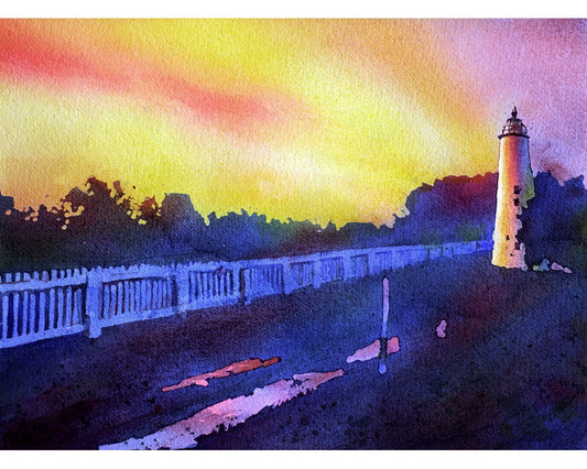 Ocracoke Island lighthouse in Outer Banks of North Carolina- USA.  Original watercolor.  Print watercolor lighthouse.  Landscape painting (print)