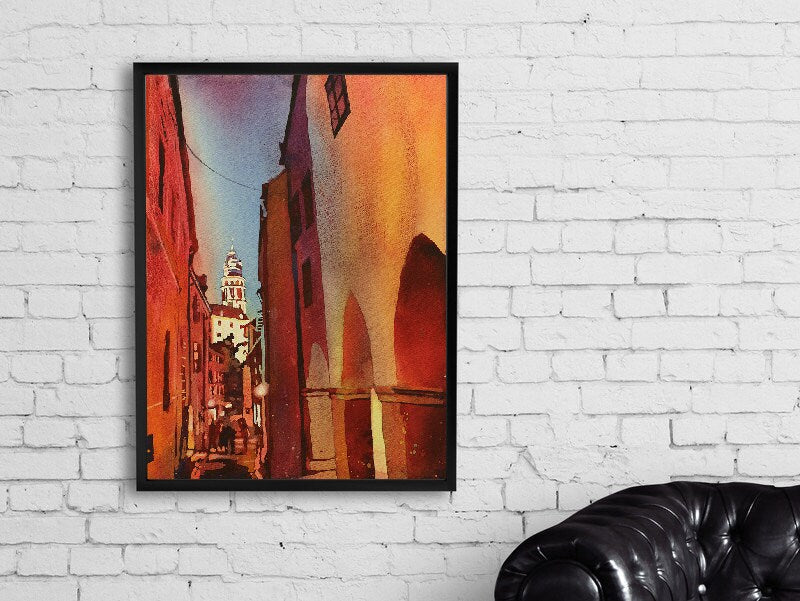 Castle rising above city- Cesky Krumlov, Czech Republic.  Fine art watercolor painting.  Watercolor print.  Cesky Krumlow (print)