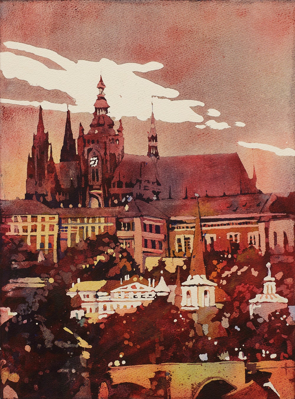 Prague Castle- Czech Republic.  Watercolor painting Prague castle Czech Republic fine art watercolor painting Prague home decor fine art (print)