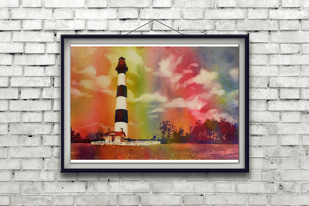 Bodie Island lighthouse painting- Outer Banks (OBX) of North Carolina- USA.  Lighthouse art painting watercolor landscape lighthouse art (print)
