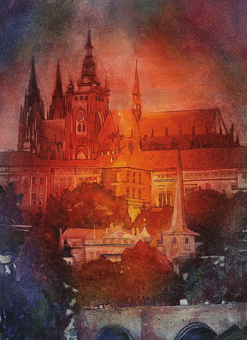 Painting of 9th century castle rising above city of Prague- Czech Republic.  Prague watercolor art.  Prague landscape painting fine art (print)