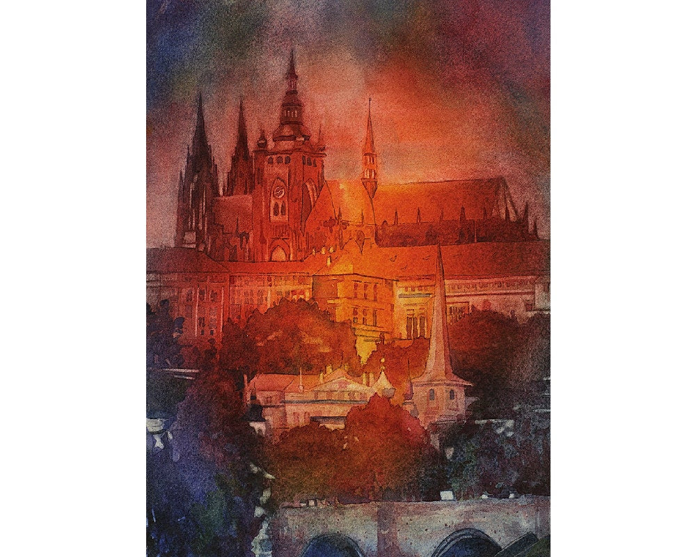 Painting of 9th century castle rising above city of Prague- Czech Republic.  Prague watercolor art.  Prague landscape painting fine art (print)