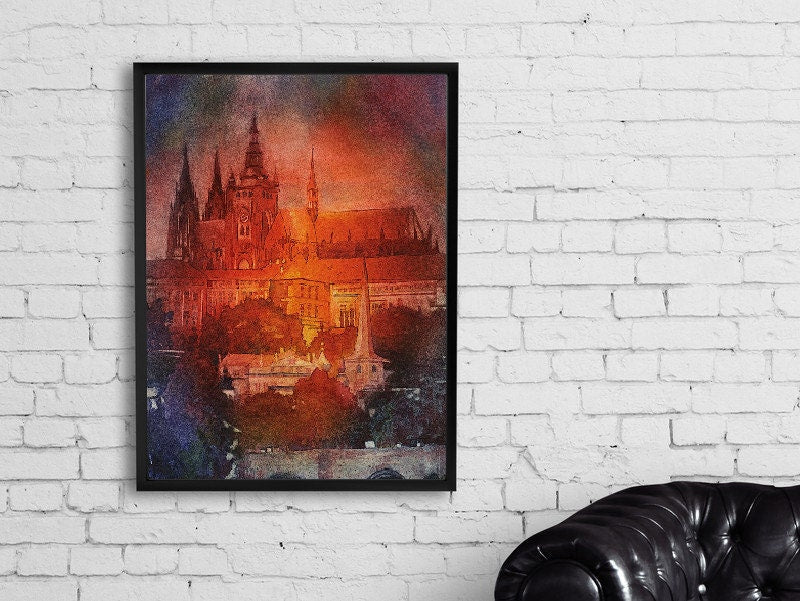 Painting of 9th century castle rising above city of Prague- Czech Republic.  Prague watercolor art.  Prague landscape painting fine art (print)