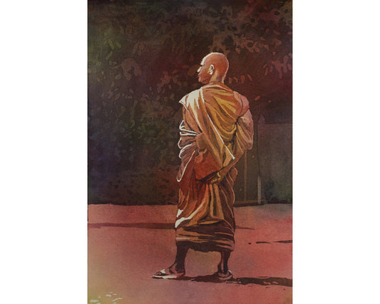 Watercolor painting of monk at Wat in city of Phnom Penh- Cambodia, watercolor art print Buddhism painting monk fine art print Cambodia art