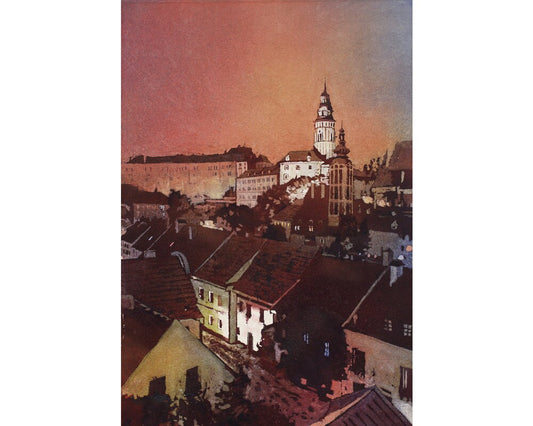 Pintura de acuarela de Cesky Krumlov en la República Checa. Pintura artística del castillo en Cesky Krumlov, República Checa, acuarela, bellas artes (impresión)