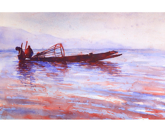 Inle Lake-Myanmar (Burma) at dawn, Burma art, Watercolor print, Fine art watercolor landscape boat Myanmar photo home decor Burma art (print)