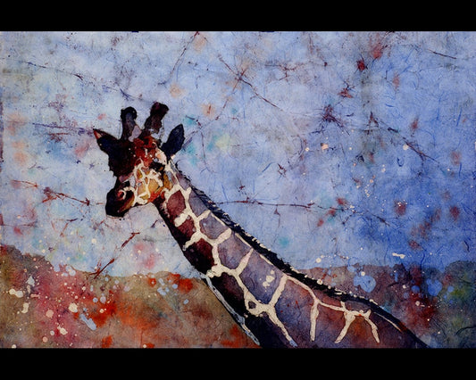 Colorful giraffe watercolor with a warm landscape and blue skies—great for home decor, especially in playful or nature-inspired rooms.
