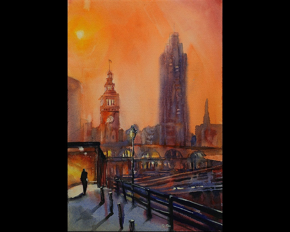 San Francisco at dawn in downtown San Francisco, California. Watercolor fine art print San Francisco painting fine art wall California (print)