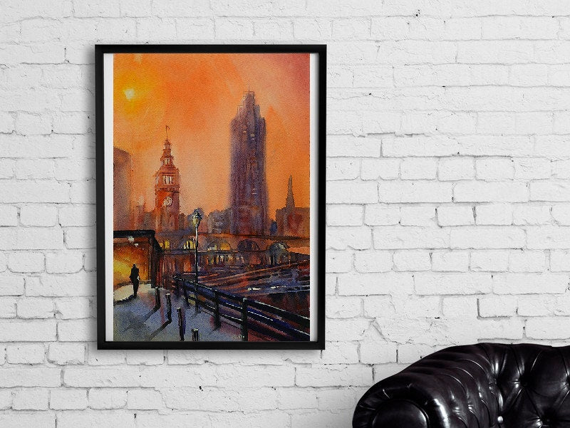 San Francisco at dawn in downtown San Francisco, California. Watercolor fine art print San Francisco painting fine art wall California (print)