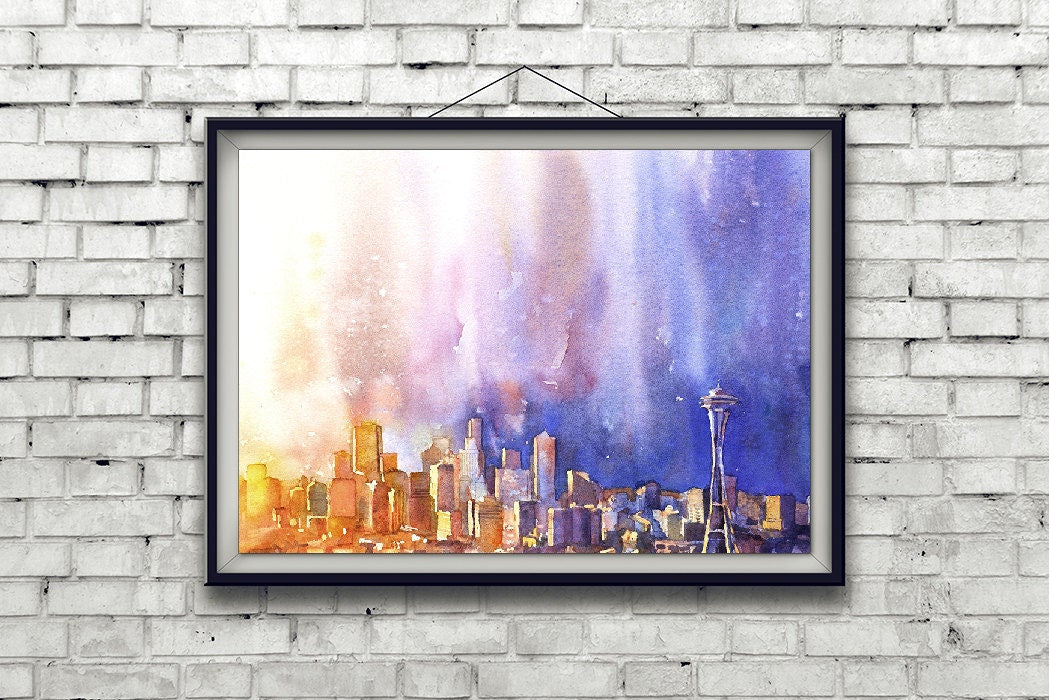 Seattle, Washington skyline w/ Space Needle at sunset.  Seattle artwork.  Watercolor painting Seattle.  Seattle fine art print watercolor