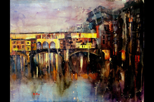 Ponte Vecchio bridge in Florence,  Italy.  Watercolor painting Ponte Vecchio Florence fine art skyline (print)