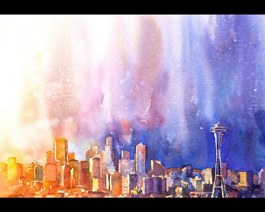 Seattle, Washington skyline w/ Space Needle at sunset.  Seattle artwork.  Watercolor painting Seattle.  Seattle fine art print watercolor