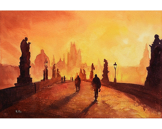 Prague St. Charles Bridge at sunset- Czech Republic Prague art watercolor landscape fine art orange wall decor art (print)