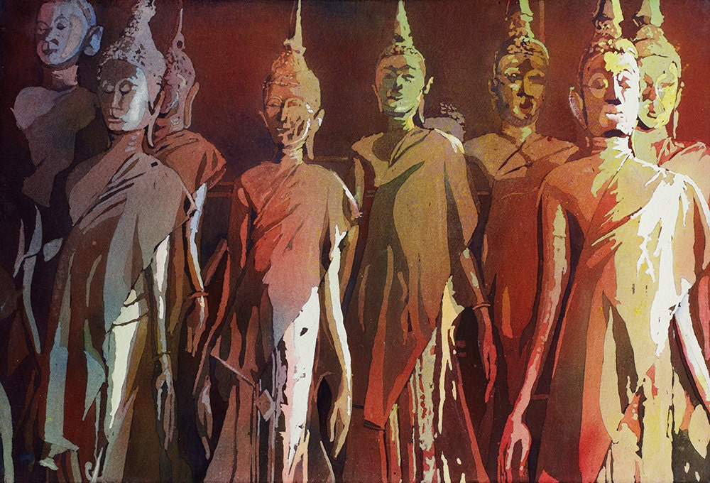 Buddha statues at wat in Vientiane-Laos, Buddhist art Laos watercolor, Watercolor print, Watercolor painting Buddha wall art print Buddhism (print)