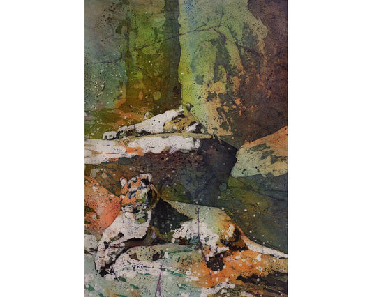 Fine art watercolor batik painting of two lionesses lounging on sunlit rocks at the North Carolina Zoo—perfect art lion painting for home or office decor.