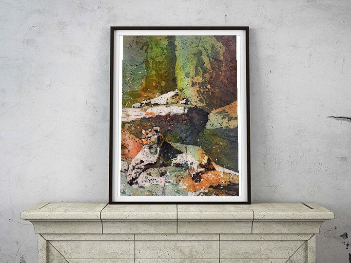 Lionesses lying on rocks- watercolor batik painting on rice paper, lion art watercolor, painting lions art print, lion painting fine art (print)