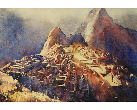 Machu Picchu Incan ruins in the Sacred Valley, Peru.  Machu Picchu artwork