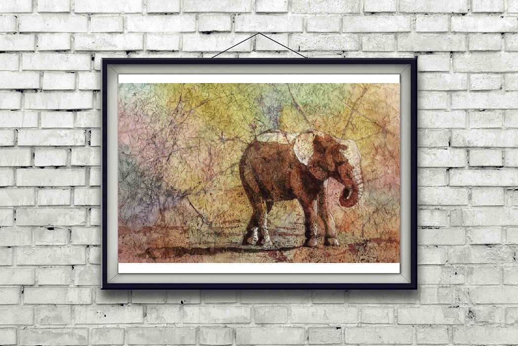Elephant watercolor batik painting.  Elephant art watercolor painting elephant, painting elephant art, watercolor batik artwork of elephant (print)