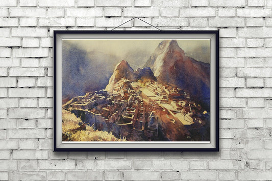 Machu Picchu fine art watercolor featuring panoramic Andean mountain scenery, ancient paths, and iconic ruins—great for office art or a thoughtful gift for her.