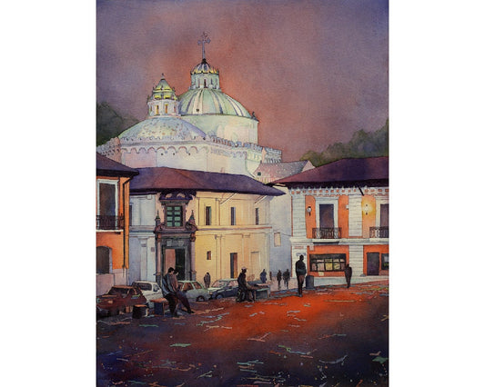Iglesia y edificios coloniales en el centro de Quito, Ecuador al atardecer. Quito Ecuador acuarela pintura Iglesia acuarela bellas artes (impresión)
