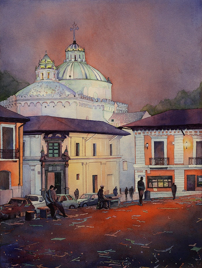 Church & colonial buildings in downtown Quito, Ecuador at sunset. Quito Ecuador watercolor painting Church watercolor fine art (print)