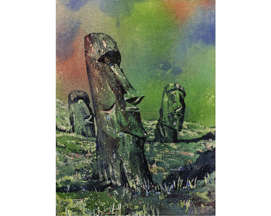 Colorful landscape painting of Ahu Tongariki at sunrise with iconic Easter Island Moai—great gift for her or a vibrant touch to a creative workspace.